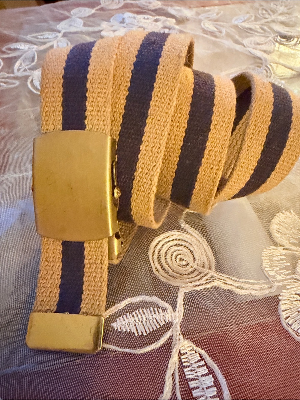 Striped Tan and Navy Web Belt with Brushed Metal Buckle